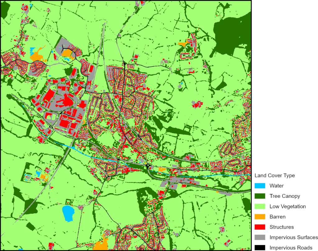 A map showing land cover types: water, tree canopy, low vegetation, barren, structures, surfaces, and roads.