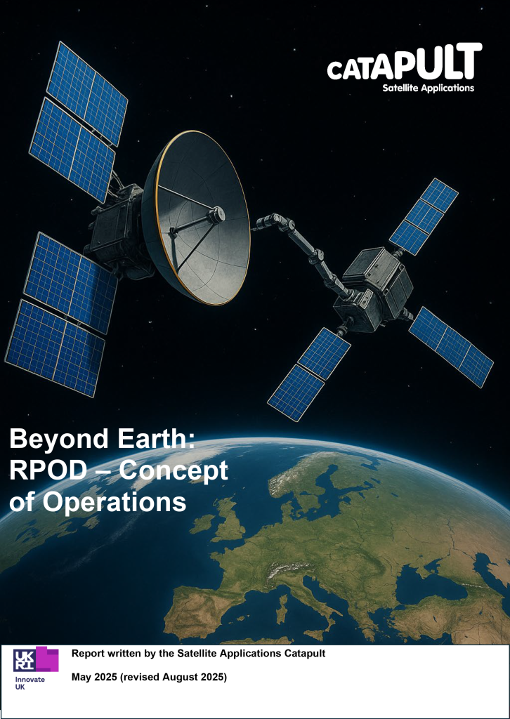 Two satellites with robotic arms orbit above Earth, with text about a space operations report.