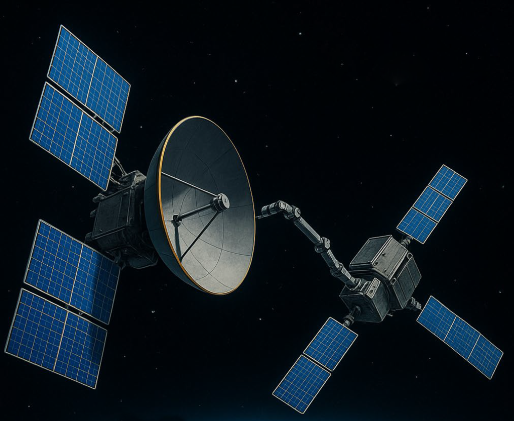 Two satellites with solar panels and a large dish connected in space against a dark background.