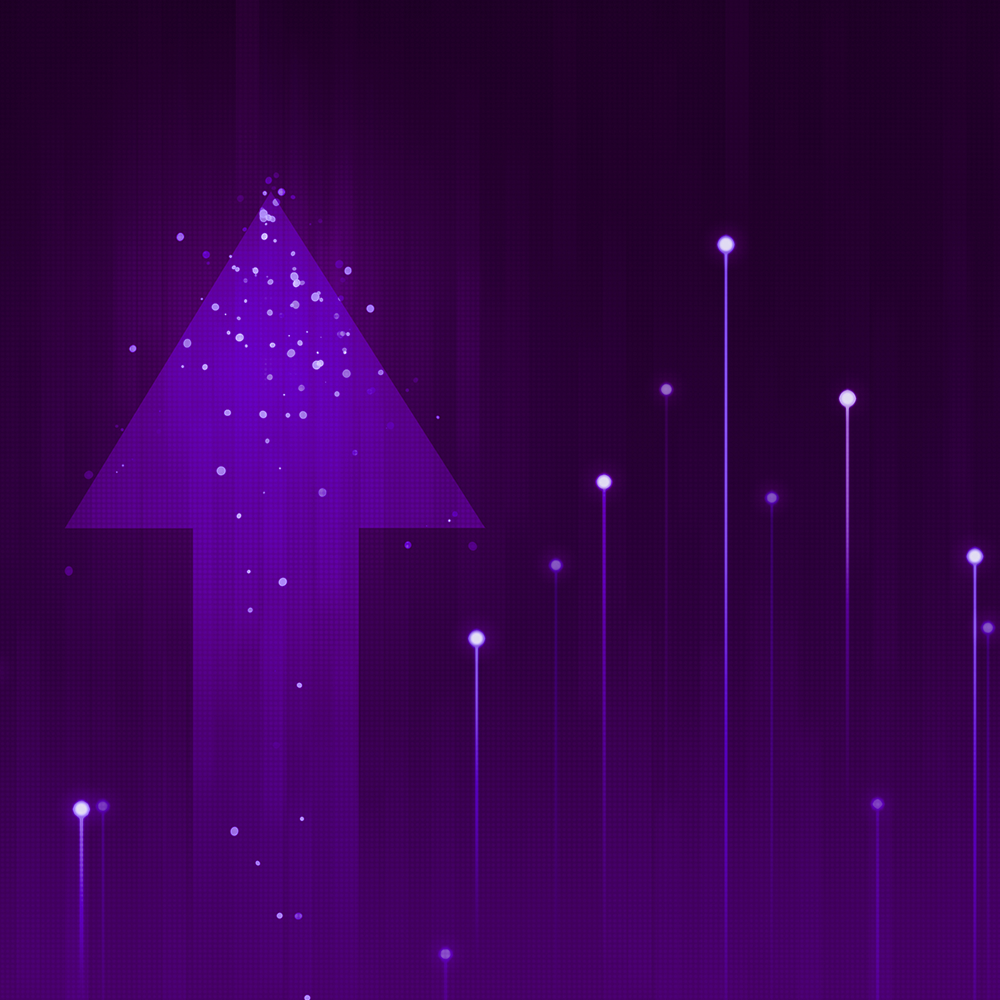 Large purple arrow pointing upward with glowing lines and dots on a dark background, symbolizing growth or progress.