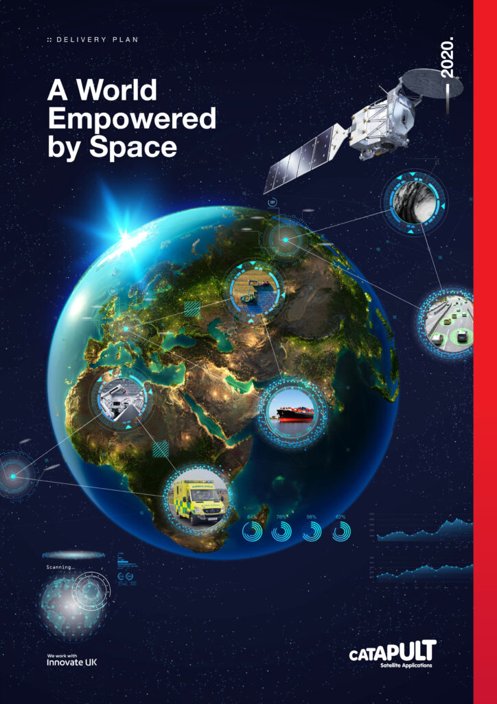 Illustration of Earth with satellites and technology icons, showing space technology empowering the world.