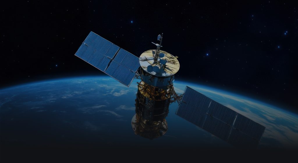 A satellite with solar panels orbits above Earth against a backdrop of stars in space.