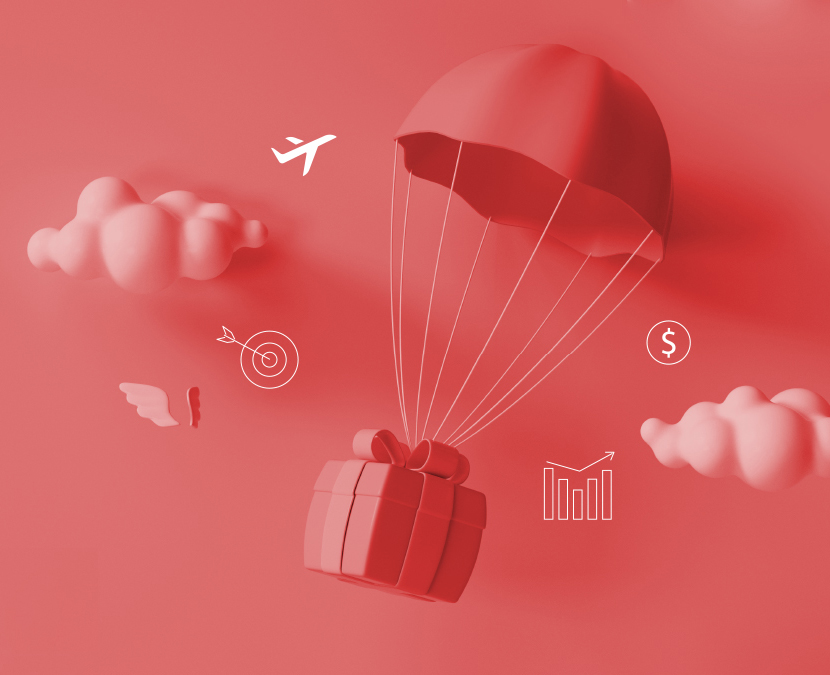 A gift box with a parachute floats among clouds, with icons of a plane, target, dollar sign, and graph.
