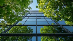 Glass building façade reflecting green trees, viewed from below with leafy branches framing the image.
