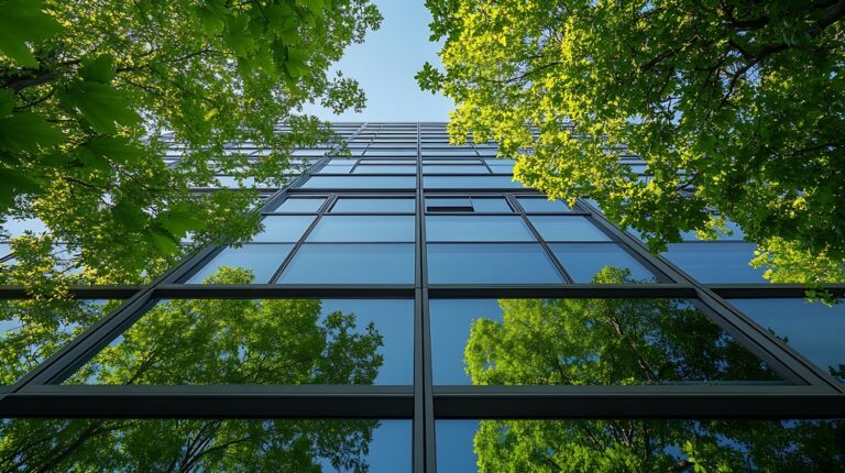 Glass building façade reflecting green trees, viewed from below with leafy branches framing the image.