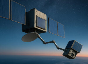 A satellite with solar panels orbits above Earth with a sunset and starry sky in the background.