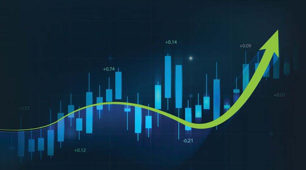 Digital chart with blue bars and numbers, showing a green upward arrow indicating positive growth.