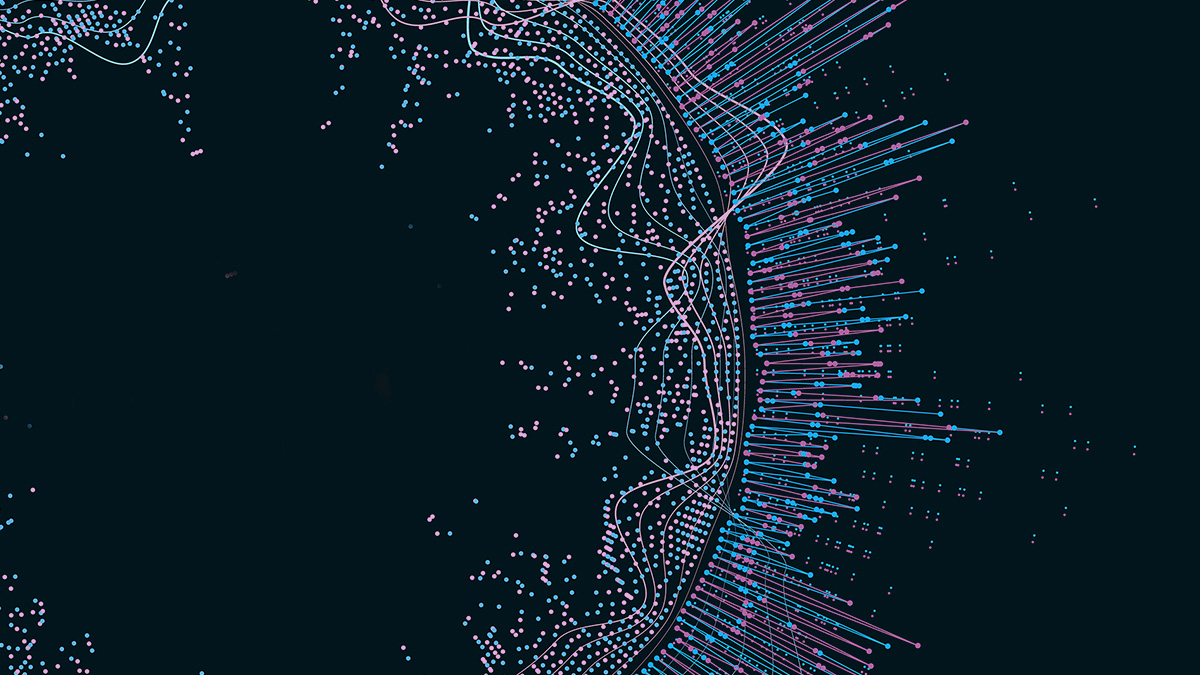 Abstract digital visualization with pink and blue lines, dots, and curves on a dark background.