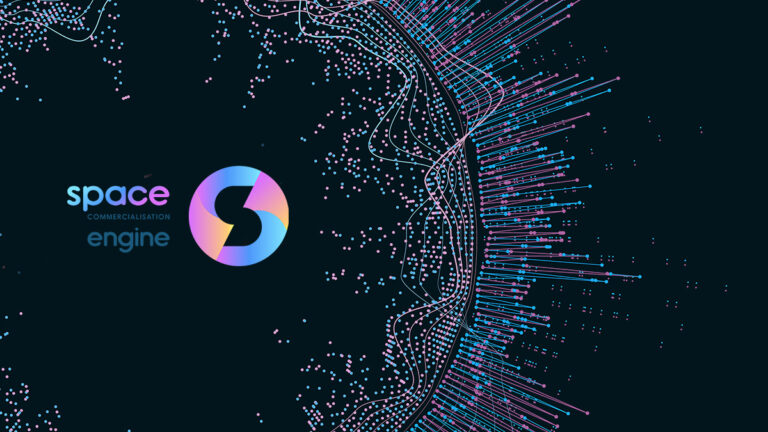 Abstract digital visualization with colorful lines and dots, "space commercialisation engine" text, and a circular logo.