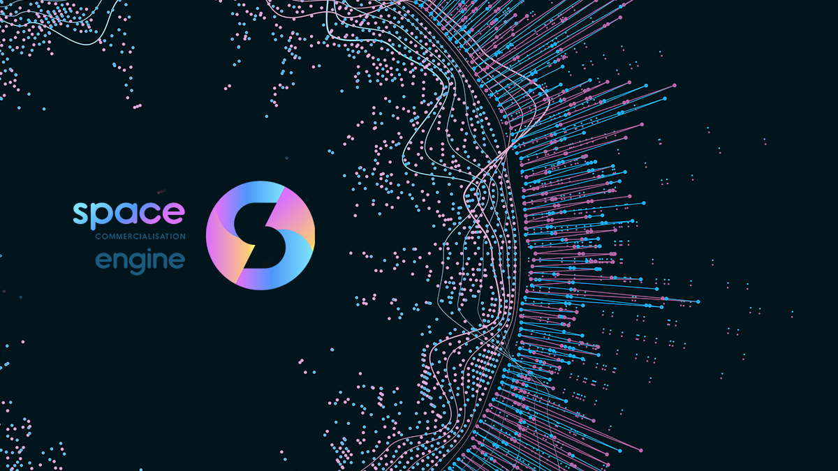 Abstract digital visualization with colorful lines and dots, "space commercialisation engine" text, and a circular logo.