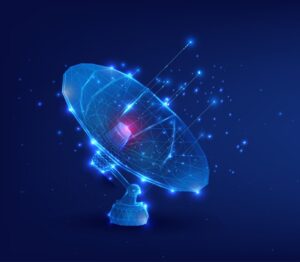 A glowing digital satellite dish emits signals against a dark blue background with light particles.