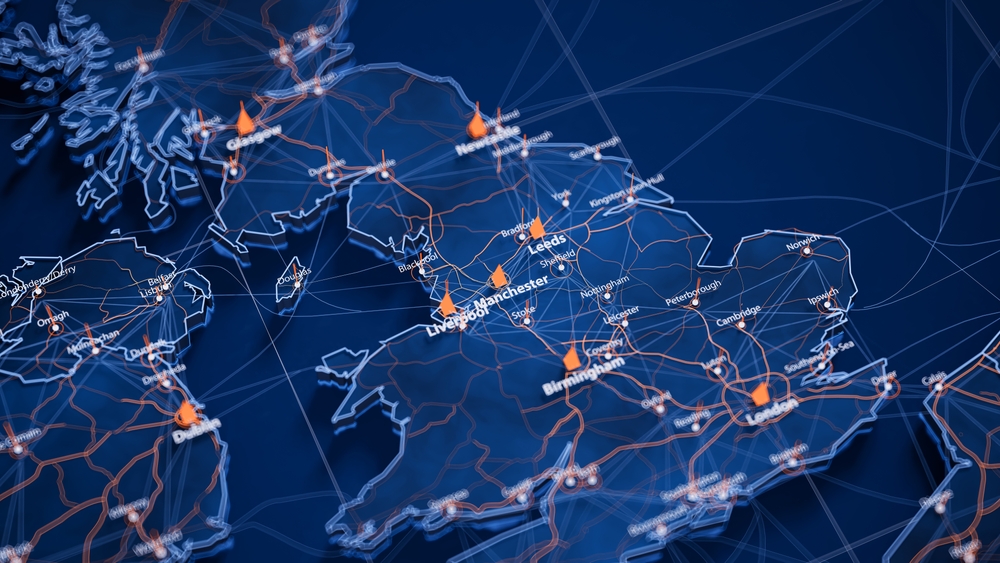 A digital map of the UK with major cities labeled and orange location markers.
