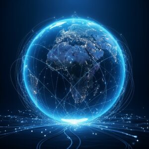 A glowing, digital globe with network lines connecting different locations around the Earth, on a dark background.