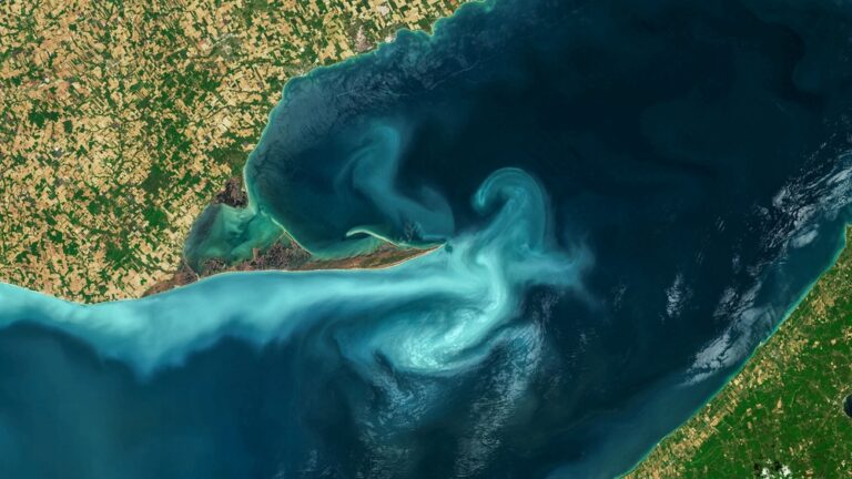 Satellite view of swirling blue-green water currents near a coastline with land and fields visible.