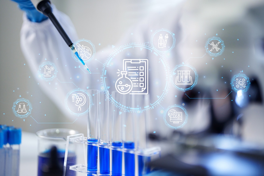 Scientist using pipette with blue liquid and digital science icons overlayed on laboratory background.