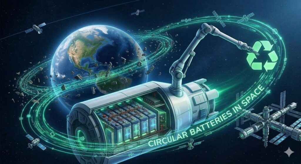 A robotic arm in space with batteries orbits Earth, showing a recycle symbol and text: "Circular Batteries in Space.