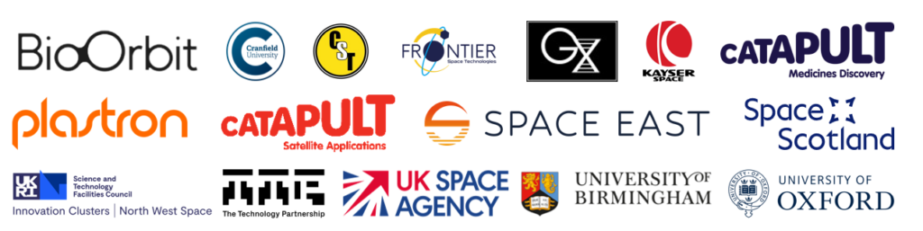 Logos of various UK space organizations, agencies, universities, and technology companies.