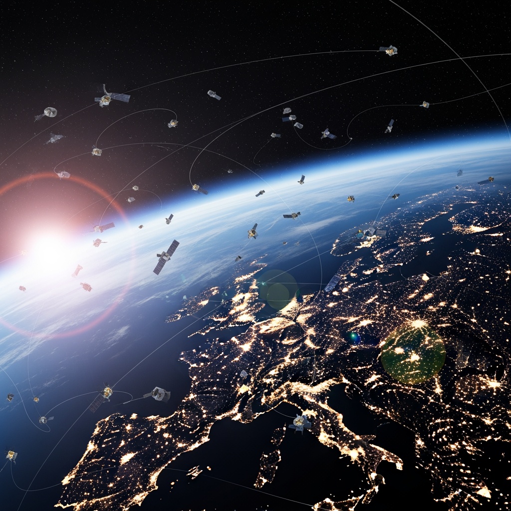 Satellites orbit Earth's surface above a sunlit Europe at night, with city lights and sunrise in the background.