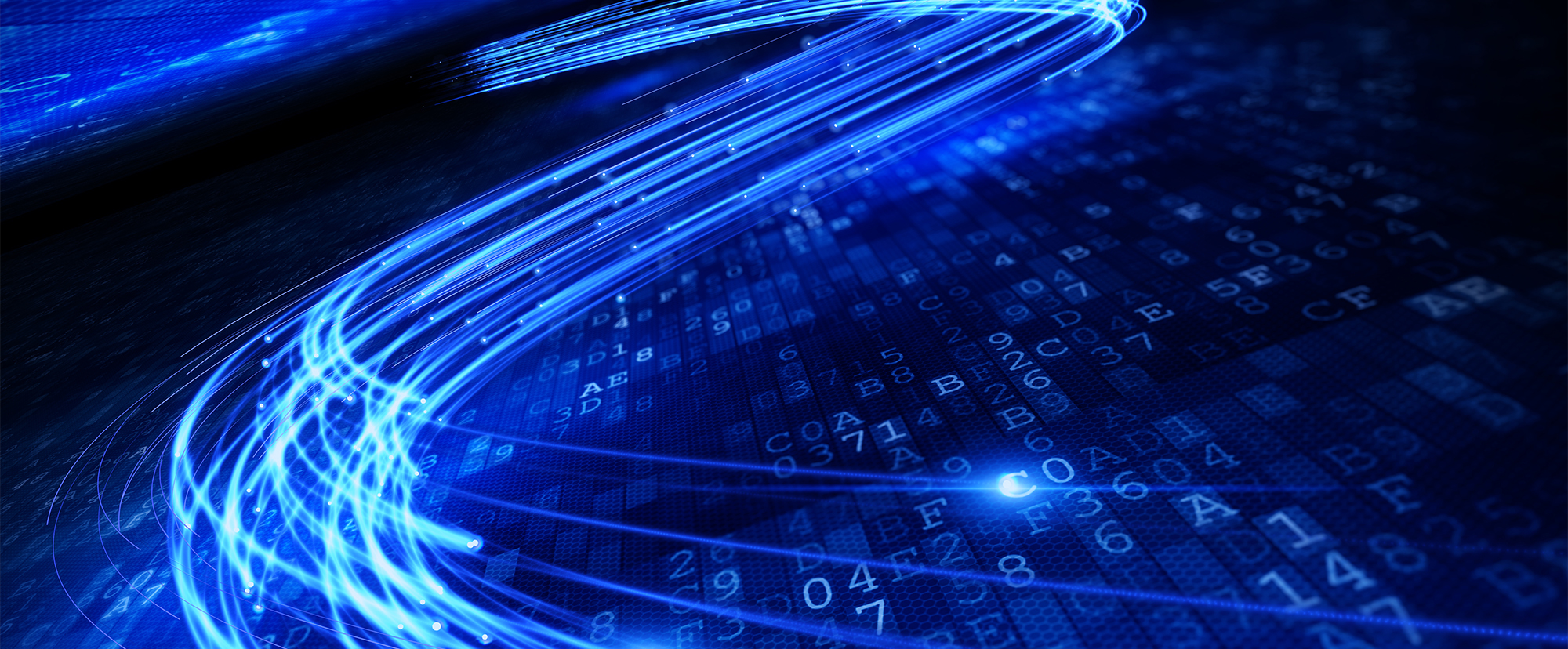Blue glowing data streams swirl over a digital background with numbers and letters on a dark grid.