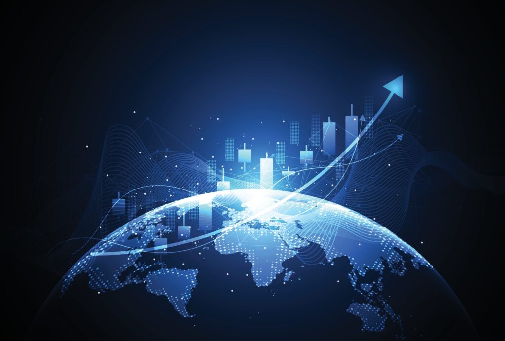 A glowing world map with rising bar charts and an upward arrow representing global business growth.