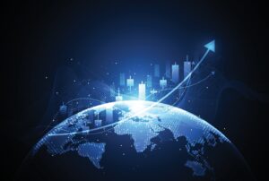 A glowing world map with rising bar charts and an upward arrow representing global business growth.