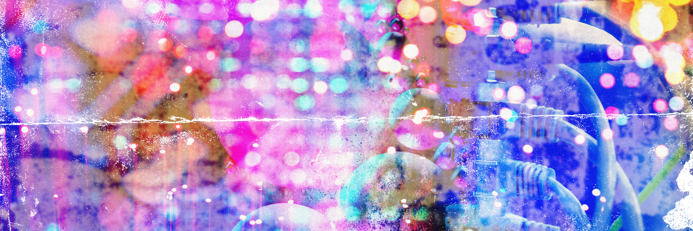 Colorful abstract image with bright bokeh lights, cables, and a textured horizontal white streak across the center.