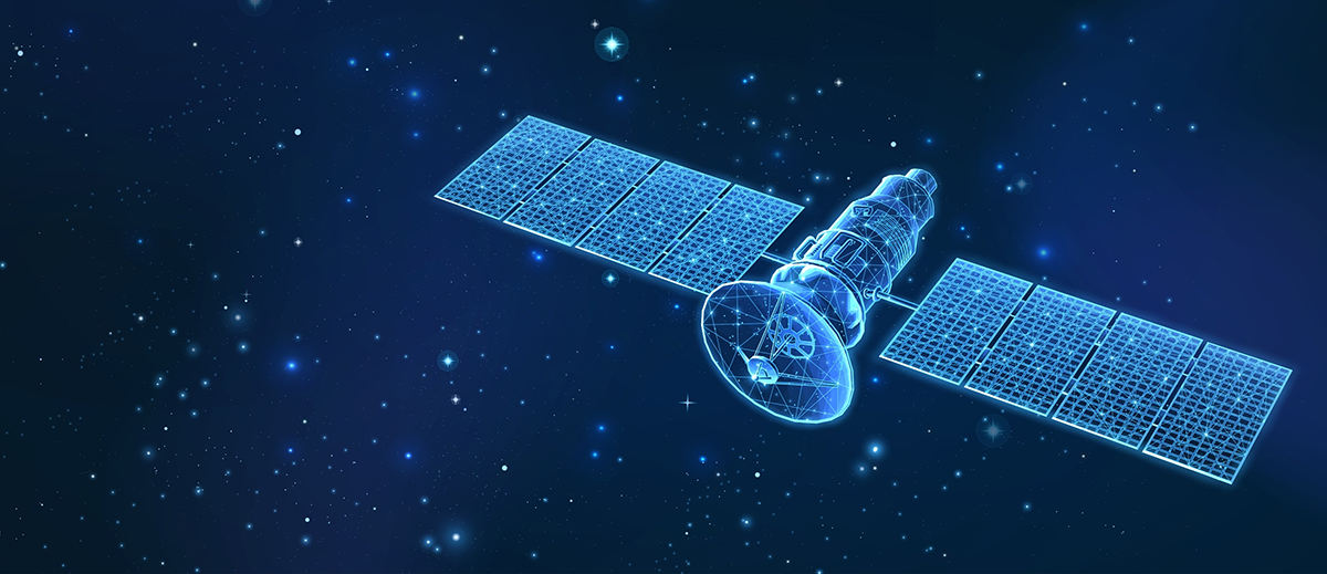 A digital illustration of a satellite with large solar panels orbiting in outer space against a starry background.