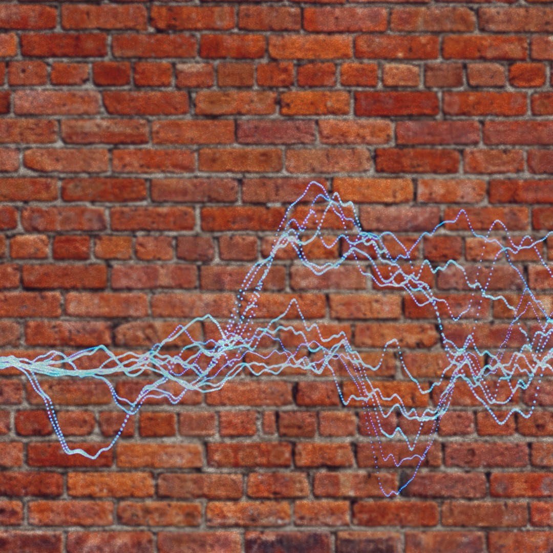 Colorful wavy lines resembling data graphs are superimposed on a red brick wall background.