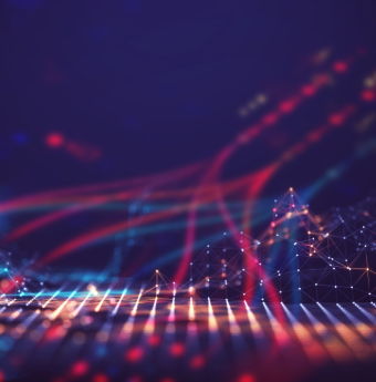 Glowing data lines and grids on a dark background, symbolizing digital technology and data analysis.