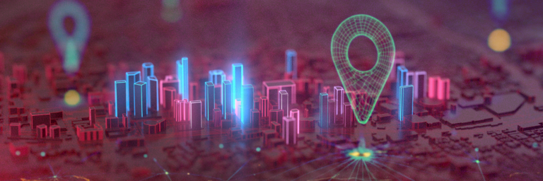 A digital cityscape with neon buildings and a large glowing location pin hovering above the city.