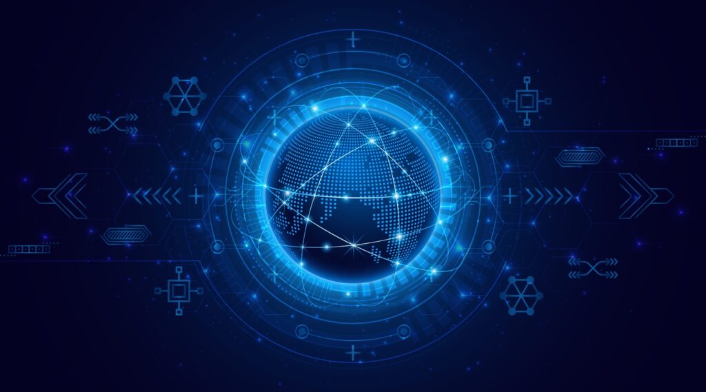 A glowing digital globe with network lines and geometric shapes on a dark blue background.