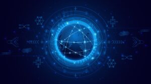 A glowing digital globe with network lines and geometric shapes on a dark blue background.