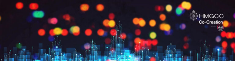 Colorful blurred lights with blue glowing digital bars, and HMGCC Co-Creation logo on a dark background.