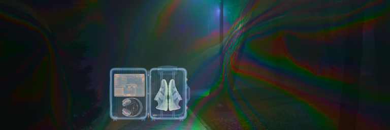 A glowing streetlamp illuminates fog; a transparent case holds space-themed objects in the foreground.