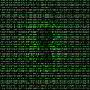 Green binary code forms a dollar sign on a black background, symbolizing digital money or cryptocurrency.