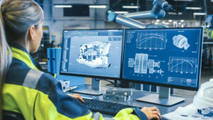 Engineer reviews 3D mechanical component models and technical graphs on dual monitors in an industrial office.