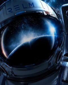 An astronaut’s helmet reflects a planet and stars in space, with “RELM” visible on the helmet above the visor.
