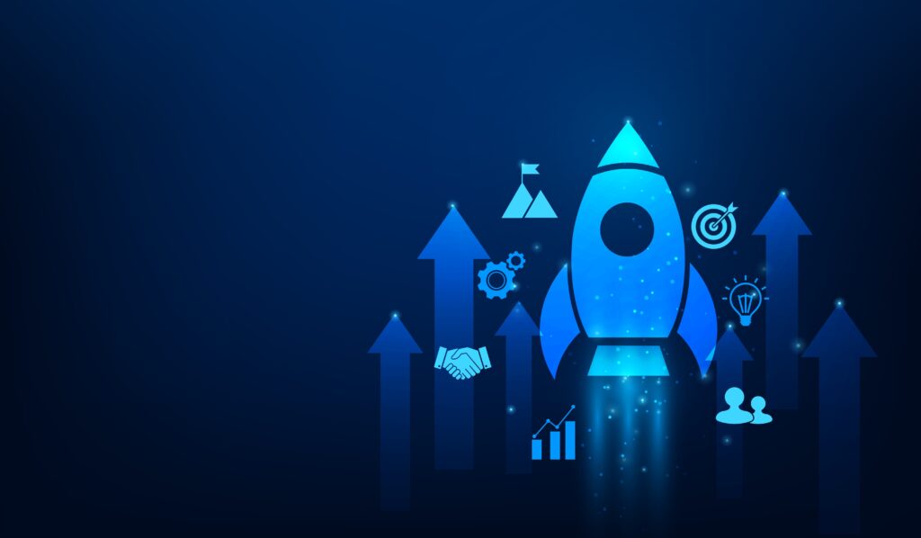 Blue rocket launching upward with icons of arrows, gears, handshake, and charts, symbolizing business growth.