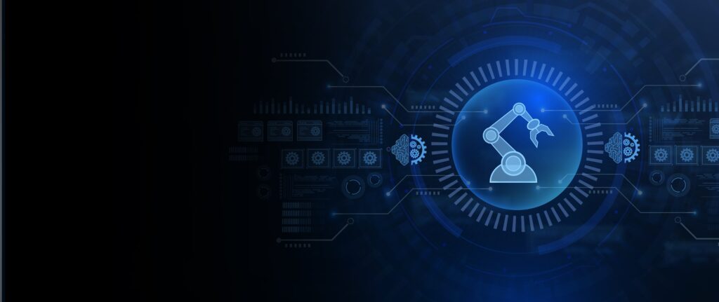 Blue digital illustration of a robotic arm surrounded by futuristic technology and gear icons on a dark background.