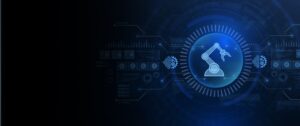 Blue digital illustration of a robotic arm surrounded by futuristic technology and gear icons on a dark background.