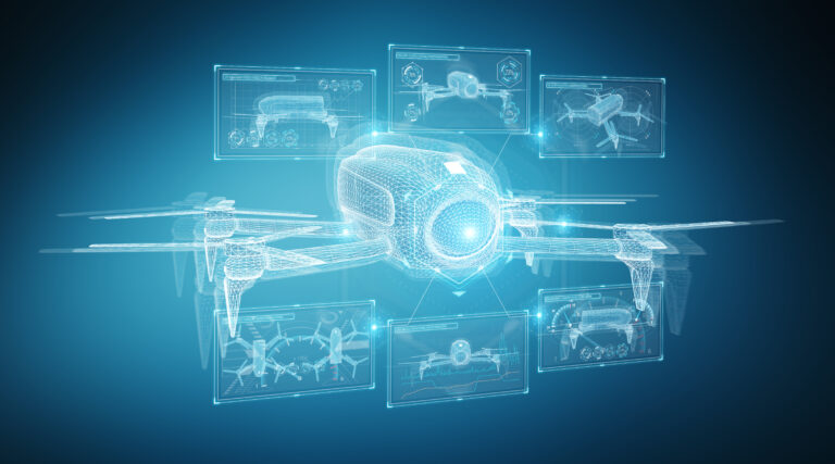 A digital wireframe drone surrounded by translucent screens displaying drone schematics and technical data.