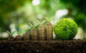 Stacks of coins with seedlings growing on top, next to a round moss ball, on soil with a blurred green background.