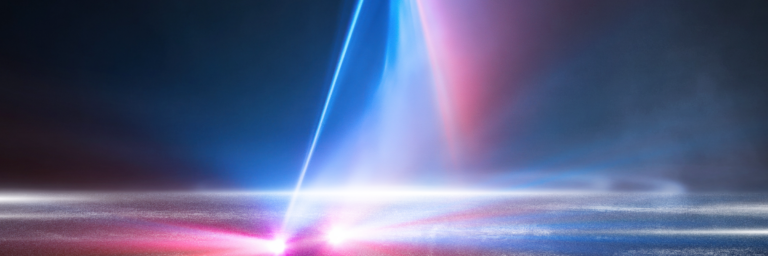Abstract stage with a dark floor illuminated by glowing blue and pink spotlights.