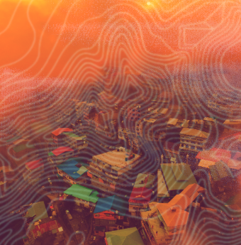 Aerial view of a town with brightly colored rooftops, overlaid with a topographical map pattern.