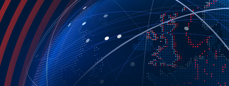 Digital globe graphic centered on the United Kingdom with connecting network lines.