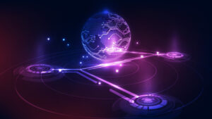 Digital globe with a circuit board pattern connected to glowing circular interface nodes on a dark background.